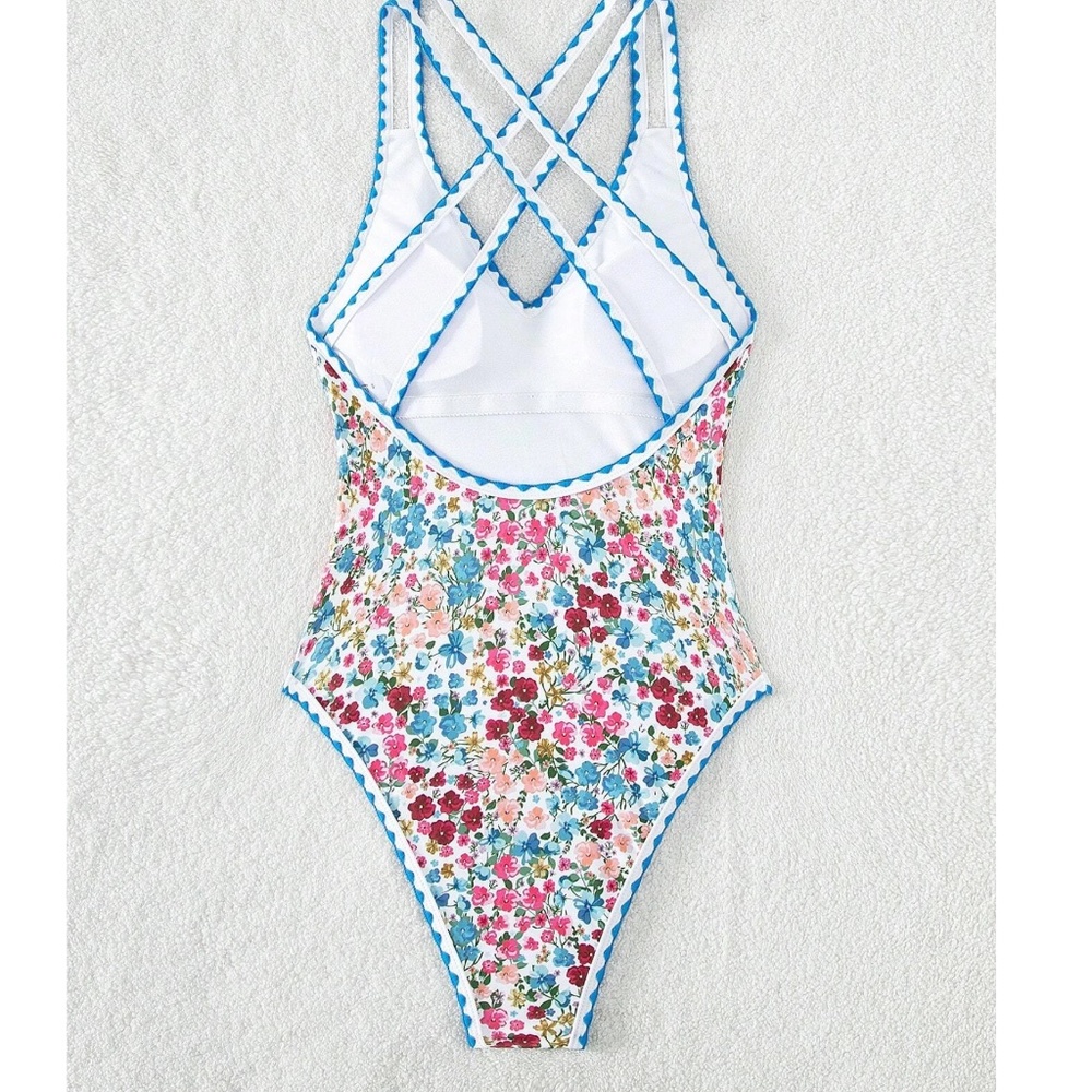 Boho Floral Print Criss Cross One Piece Monokini Swim Beach - Picture 5 of 5